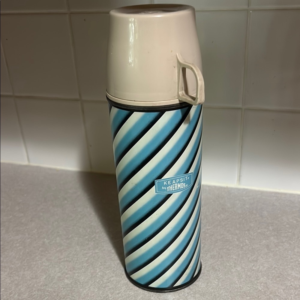 Vintage King-Seeley Keapsit Thermos Blue and White Striped Retro Thermos